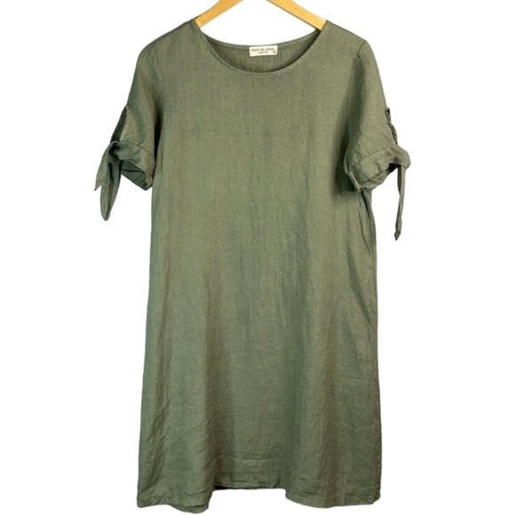 TERZO MILLENNIO Linen Shift  Dress Sage Green Tied Short Sleeves Coastal Loose S - Picture 2 of 11